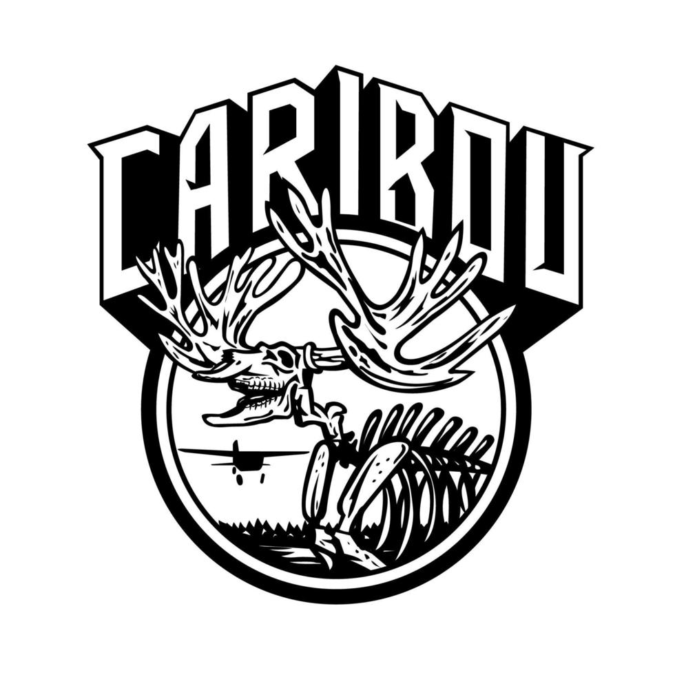 Caribou or Reindeer Skull Skeleton Roaring with Airplane and Lake Set Circle Retro Style Black and White vector