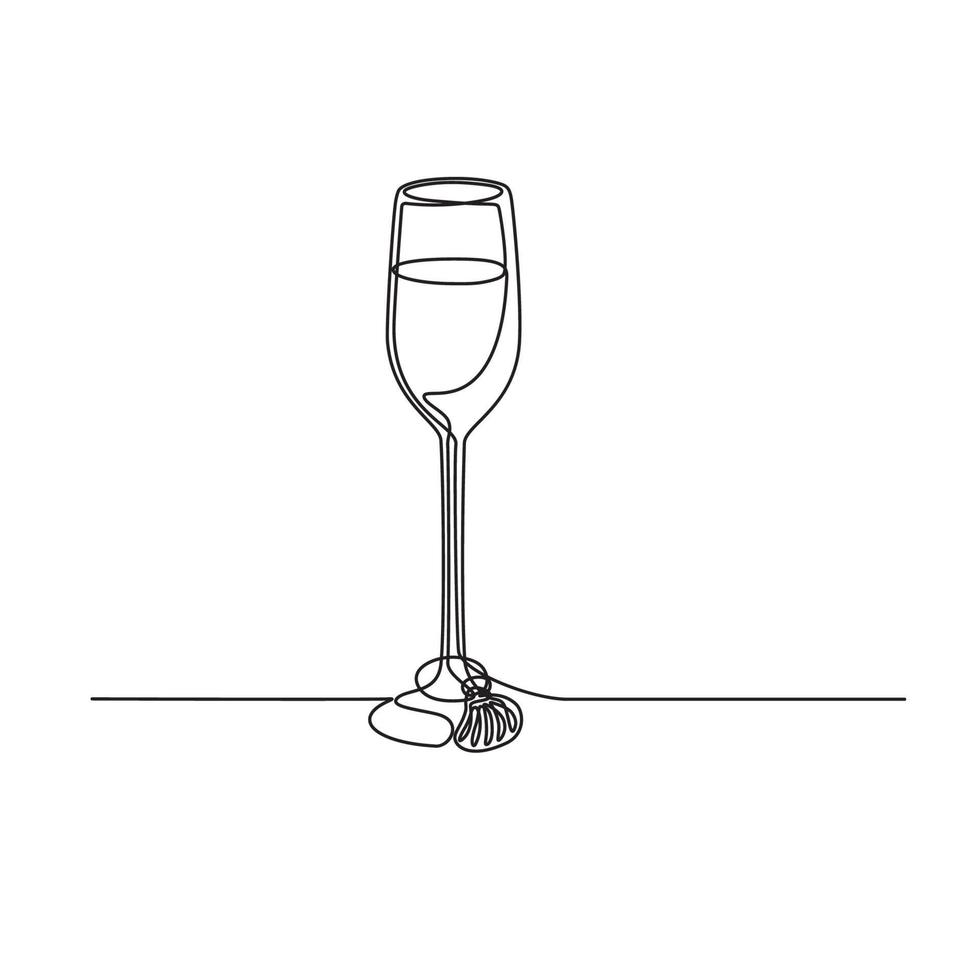 Copa de vino de flauta de champán con etiqueta de vino de concha de almeja realizada en línea mono arte lineal en blanco y negro vector