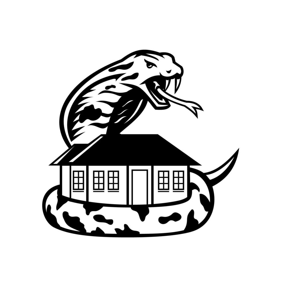 King Cobra or Ophiophagus Hannah Venomous Snake Guarding a House Ready to Attack Mascot Black and White vector