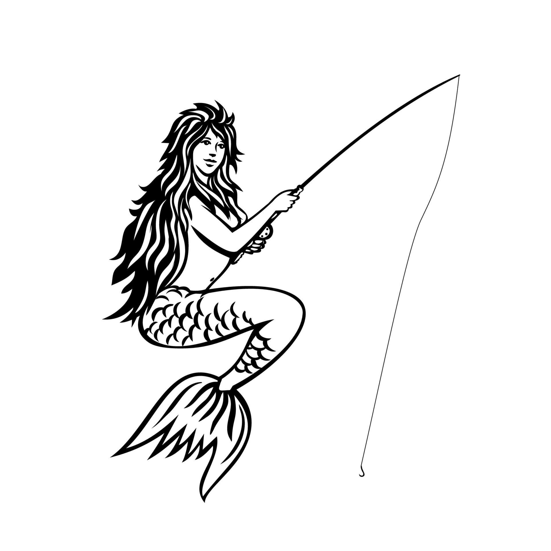 Mermaid or Siren with Fishing Rod and Reel Fly Fishing Mascot