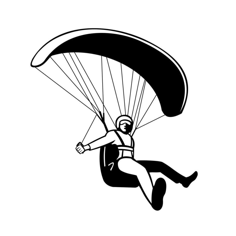 Pilot Flying Paraglider Paragliding Mascot Black and White Retro vector