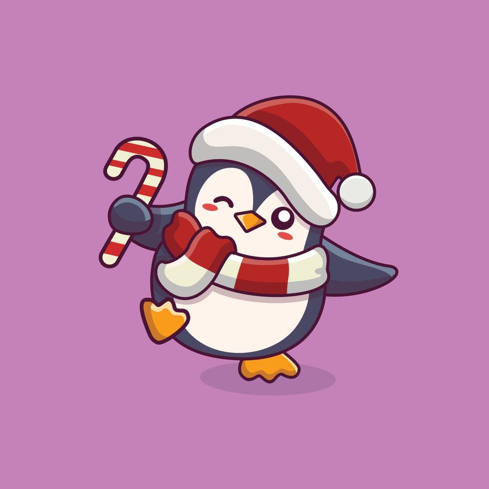 dibujos animados de pingüinos bailando con bastón de caramelo y sombrero de navidad lindo pingüino sosteniendo bastón de caramelo navidad vector