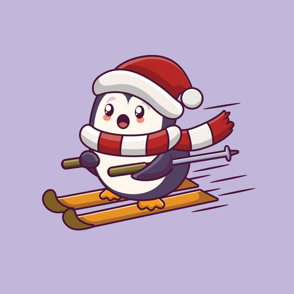 cute penguin with nowshoeing winter activity and christmas concept vector