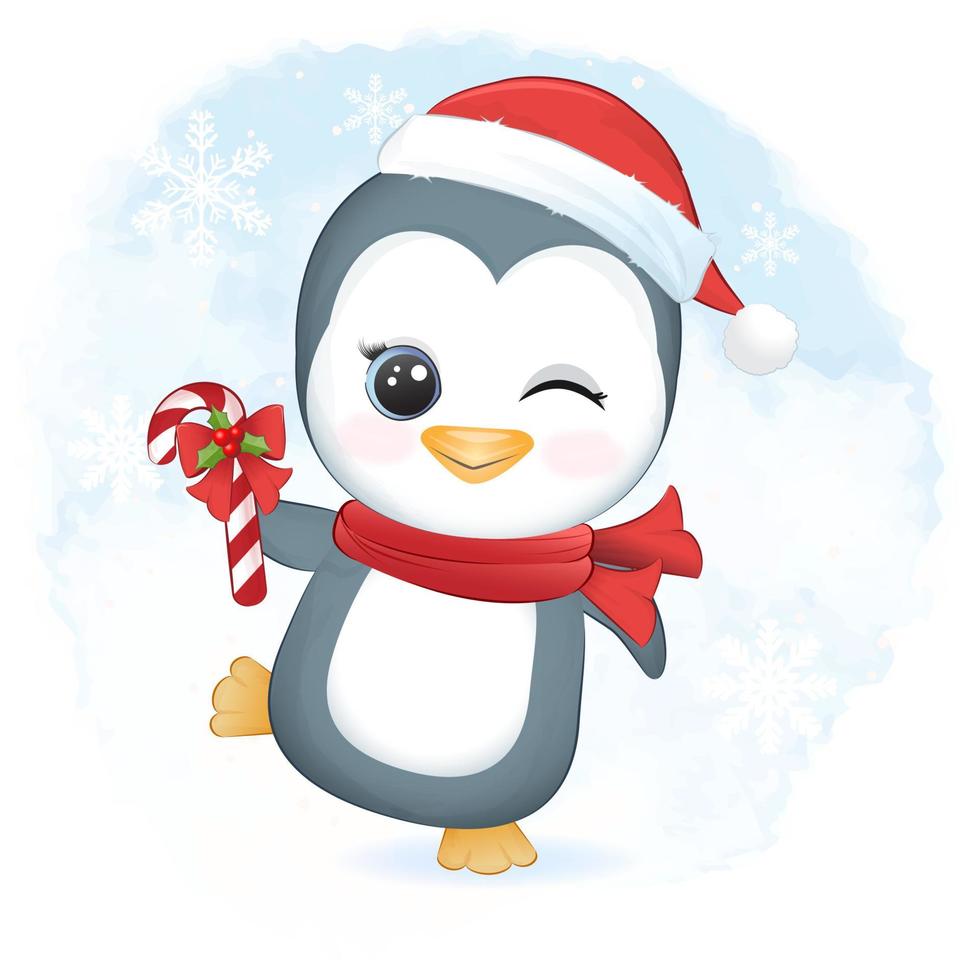 Cute penguin and candy cane, Christmas season illustration. vector