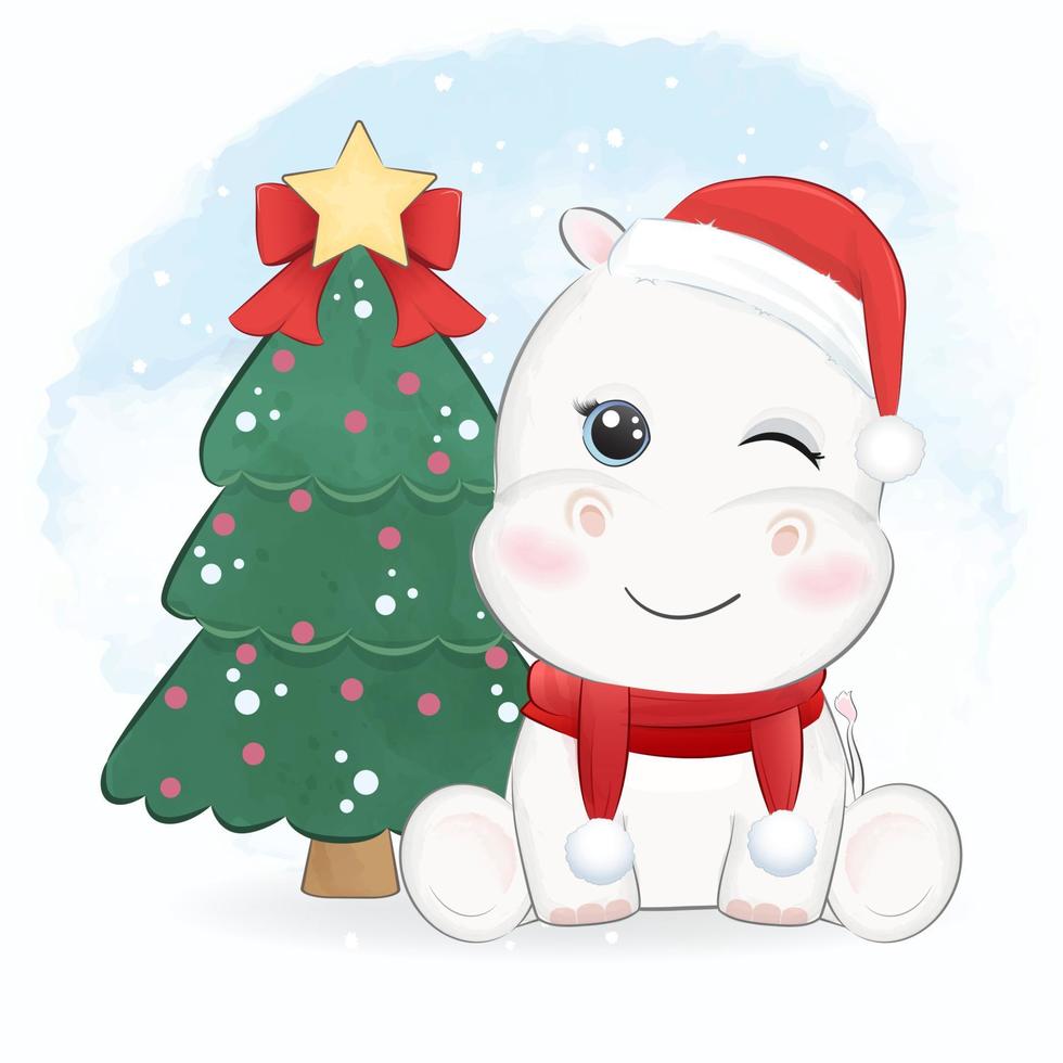 Cute little Hippo and Christmas tree. Christmas season illustration. vector