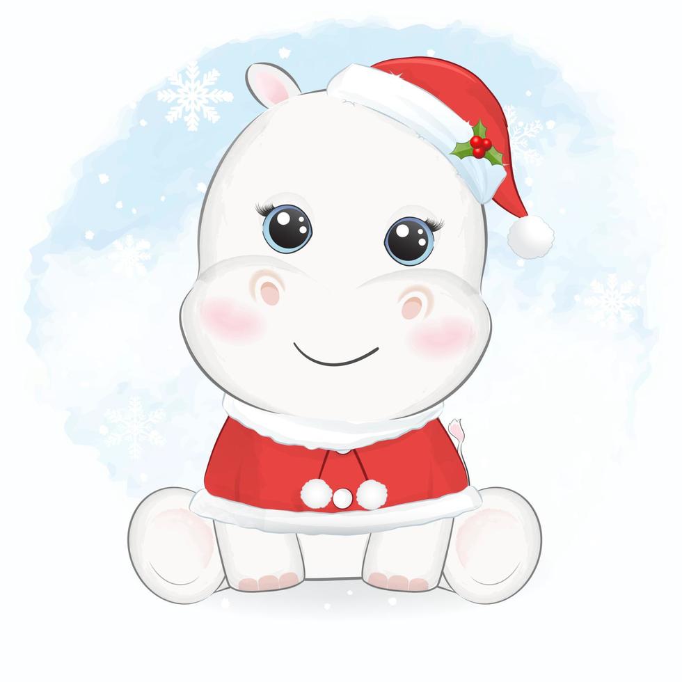 Cute little Hippo Christmas season illustration. vector