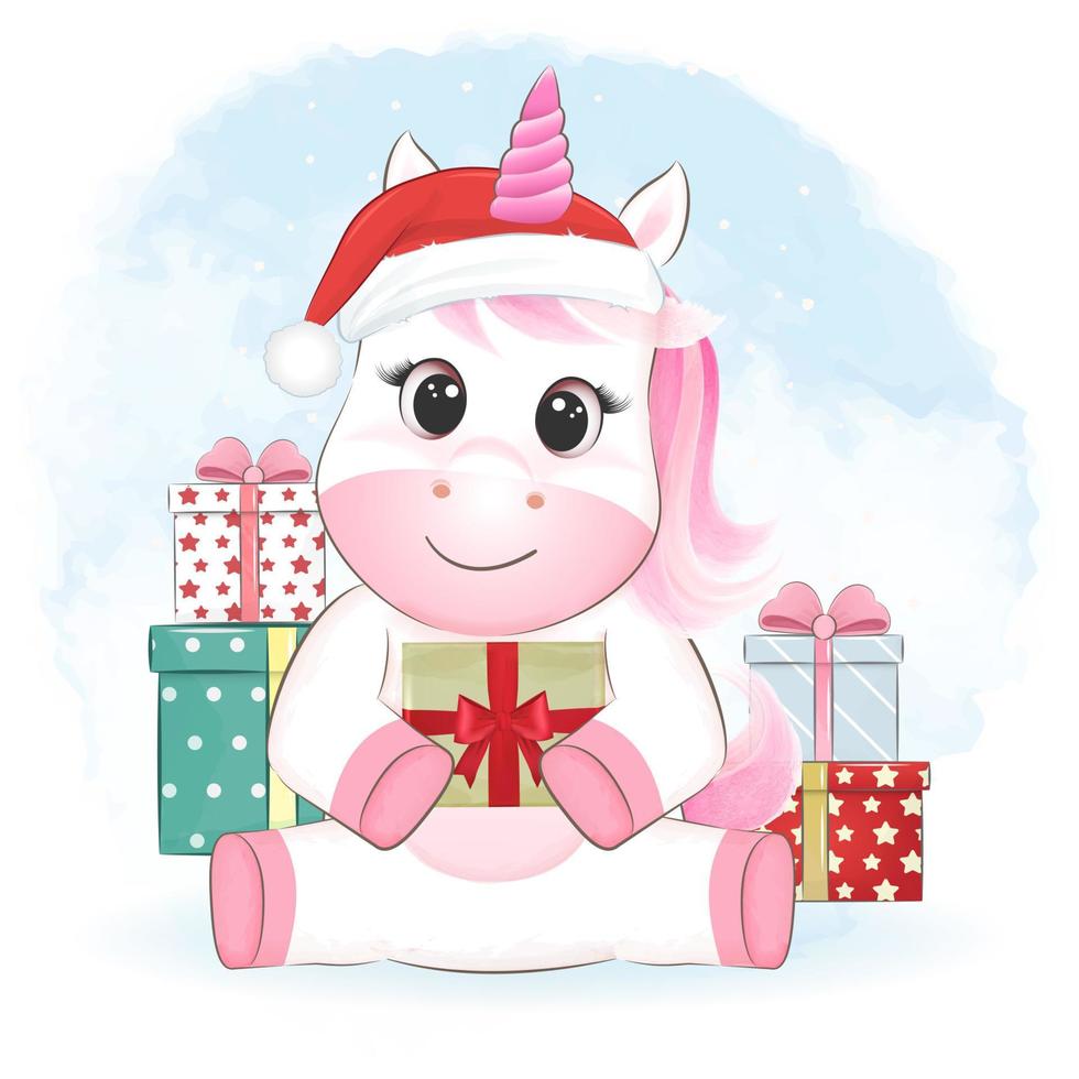 Cute little unicorn and gift box. Christmas season illustration vector