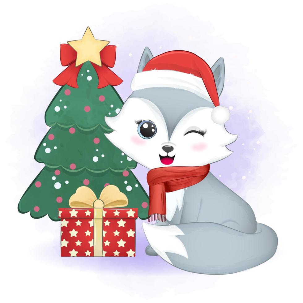 lindo zorrito con caja de regalo y árbol de navidad. Ilustración de la temporada navideña. vector