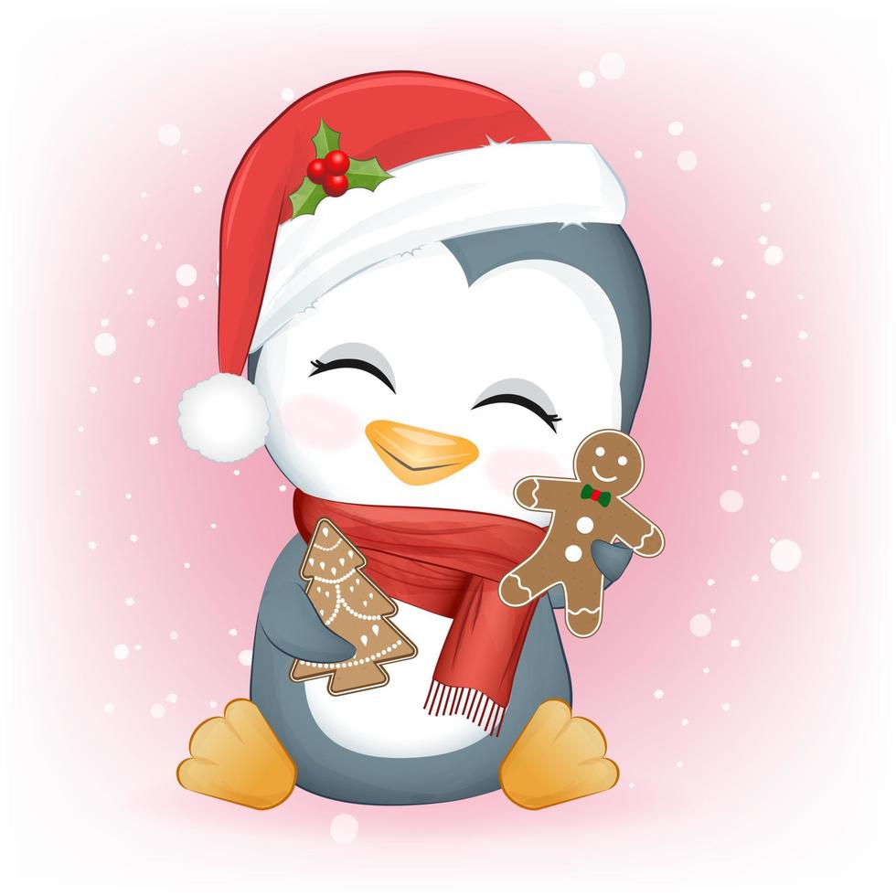 lindos pingüinos y pan de jengibre. Ilustración de la temporada navideña. vector