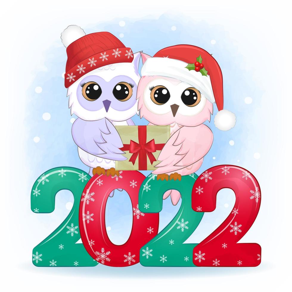 Cute couple owl and gift box, 2022 Christmas, New year illustration. vector