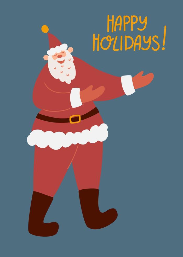 Cute Happy Santa Claus. Happy New Year or Christmas card. Happy Holidays. Vector cartoon character in winter season.