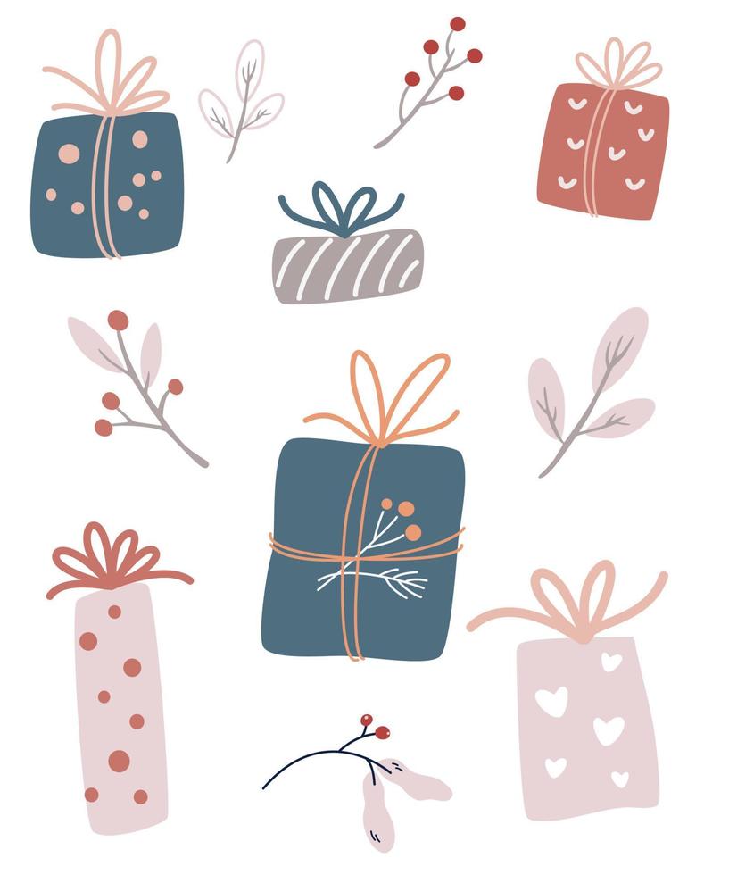set de cajas de regalo. diferentes cajas de regalo de navidad envueltas de colores. decoración festiva. Ilustración de vacaciones de dibujos animados de vector. vector