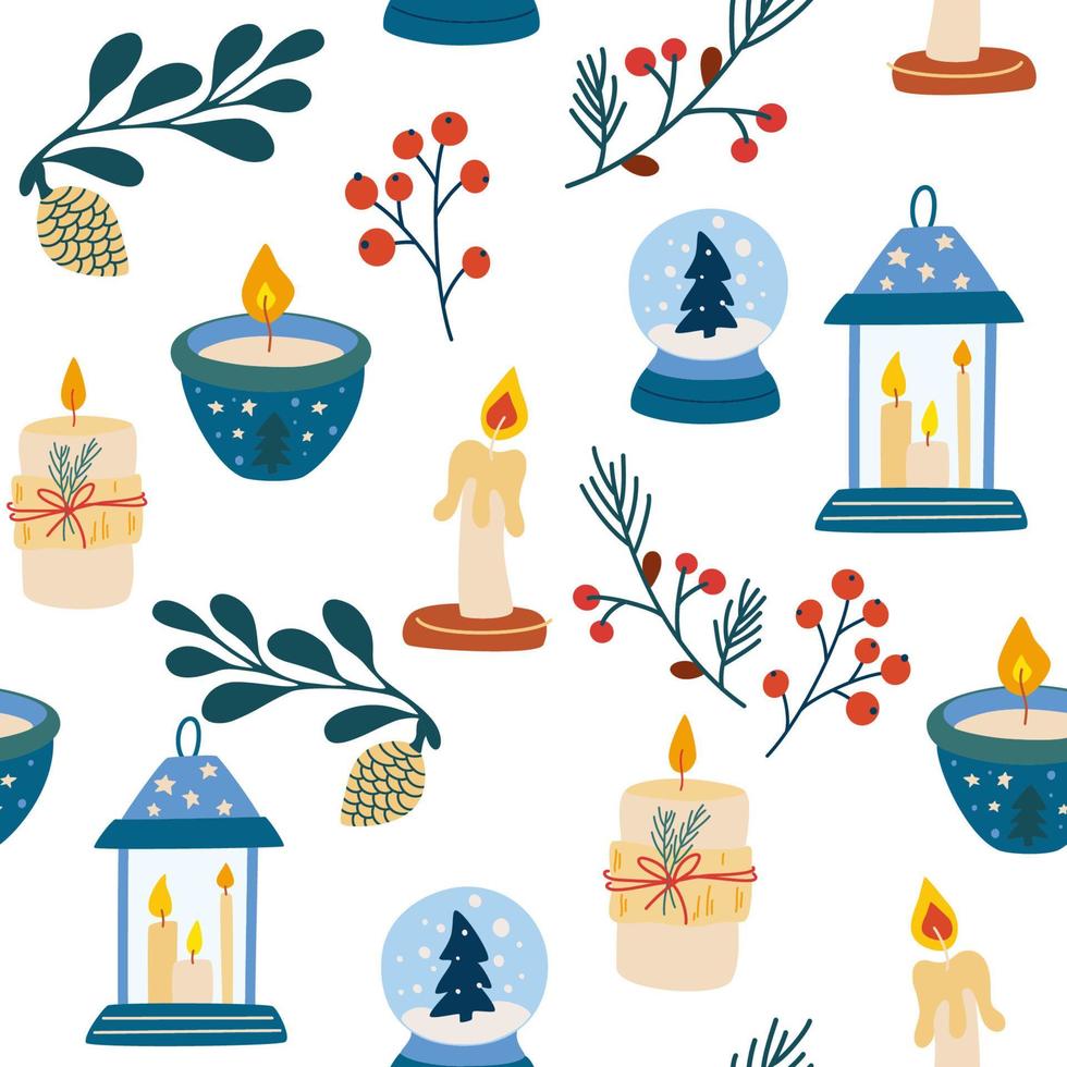 elementos de navidad de patrones sin fisuras. velas bola de cristal ramitas conos y bayas. vector vacaciones de invierno imprimir para textiles, papel tapiz, tela.