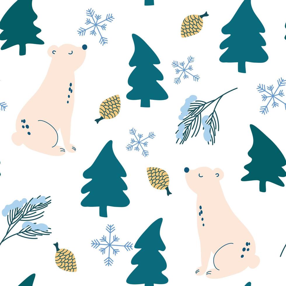 Polar bear in the forest seamless pattern. Christmas Repeating Pattern. Fir trees, bears, snowflakes and cones. Vector winter holidays print for textile, wallpaper, fabric.