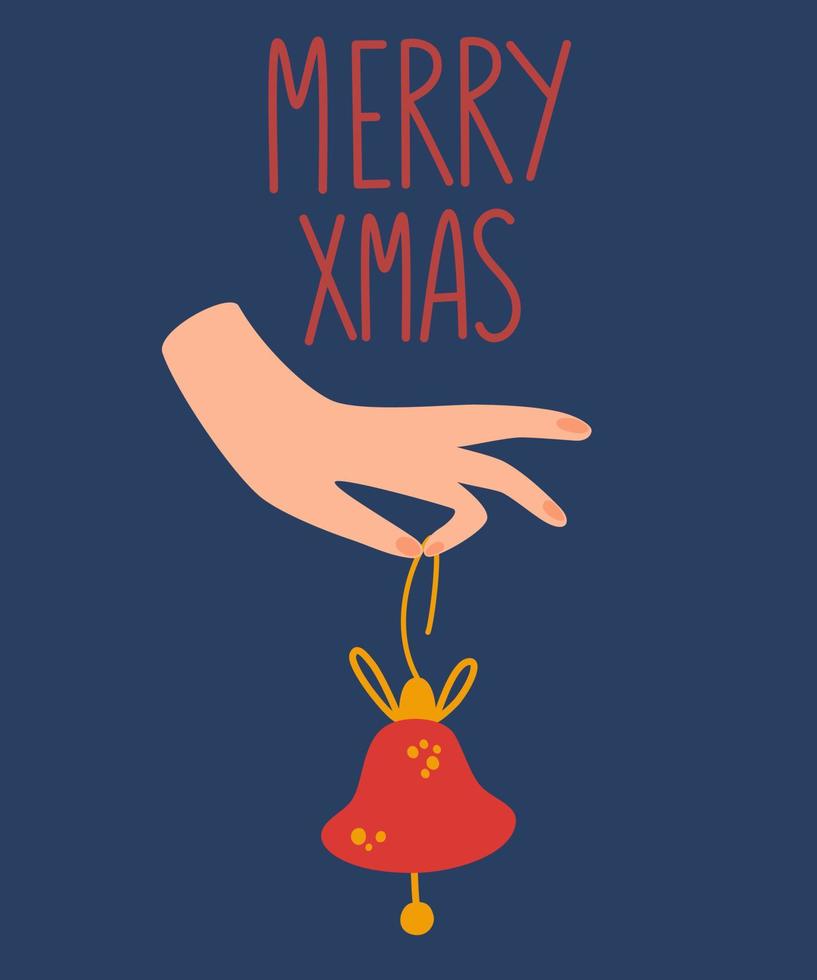 Hand holds a Christmas bell. Happy New Year or Christmas card. Happy Holidays. Vector Hand draw cartoon illustration.