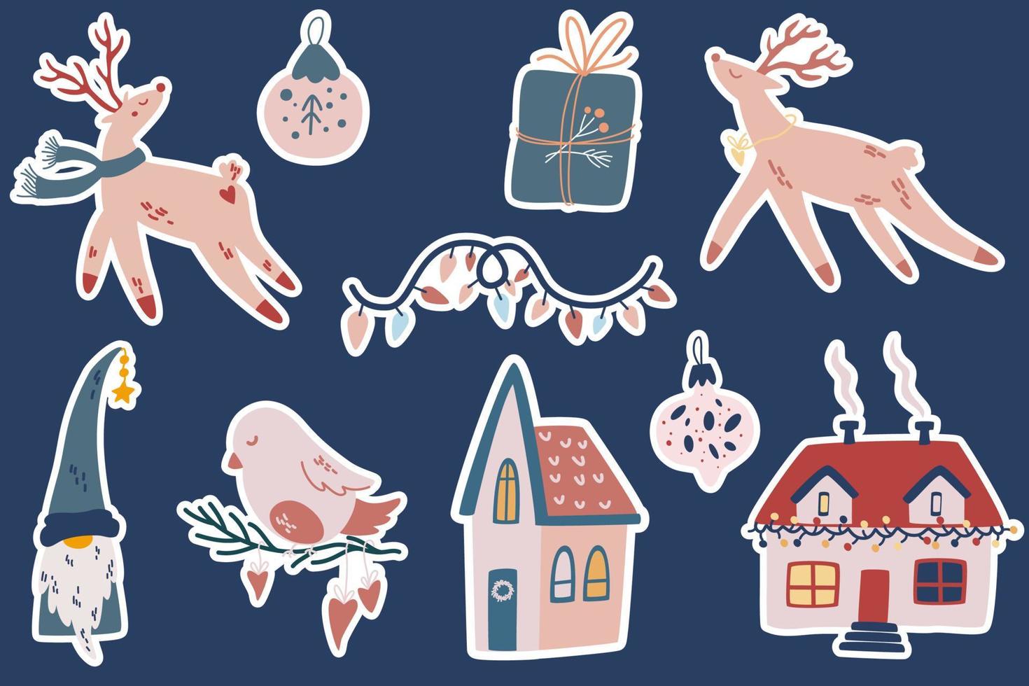 Christmas Stickers. Deer, cute houses, birds and Christmas tree toys. Hygge elements in Scandinavian style. Perfect for greeting cards, invitations, flayers. Vector cartoon Holiday illustration.