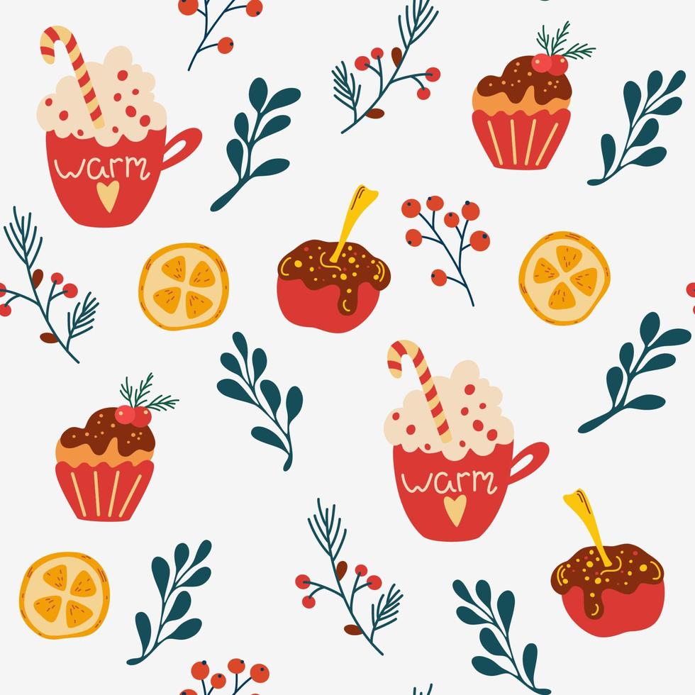 Christmas dessert seamless pattern. Coffee with whipped cream lollipop apple in chocolate and muffin and twigs with berries. Vector winter holidays print for textile, wallpaper, fabric.