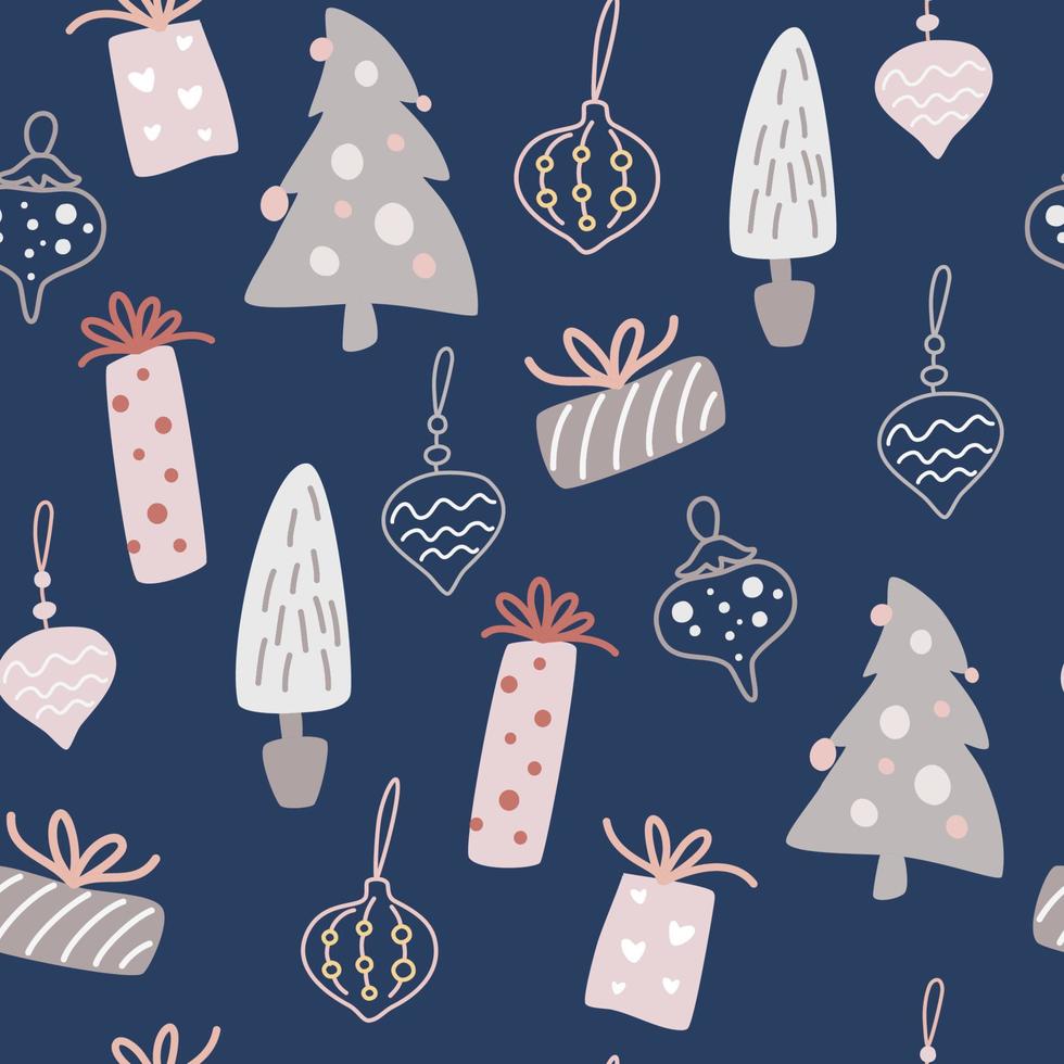 adornos navideños y regalos de patrones sin fisuras. Fondo de vacaciones de invierno en estilo escandinavo. Ilustración de sorteo de mano lindo vector para tela, papel de regalo, diseño de postal.