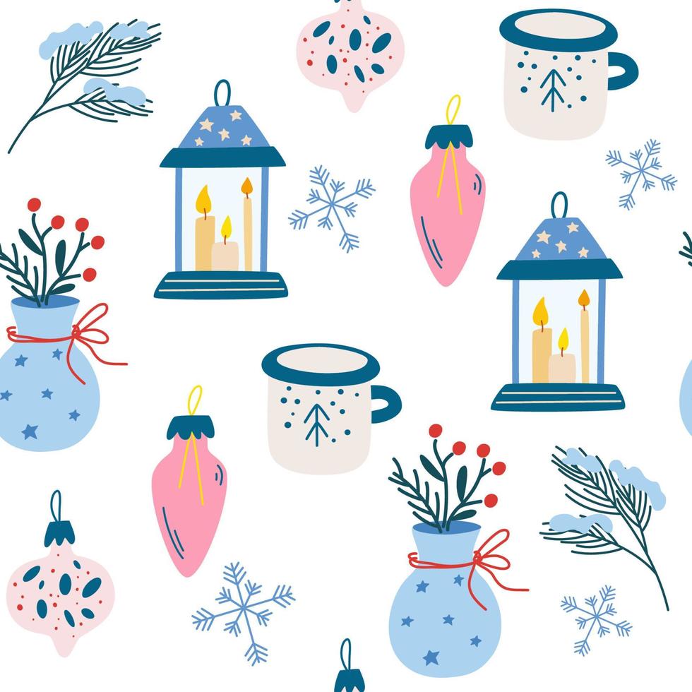 artículos de navidad de patrones sin fisuras. Linterna de ramitas de abeto con velas, juguetes, bolas y taza. concepto de Hygge. perfecto para invitaciones, tarjetas de felicitación, papel tapiz y papel de regalo. ilustración vectorial. vector