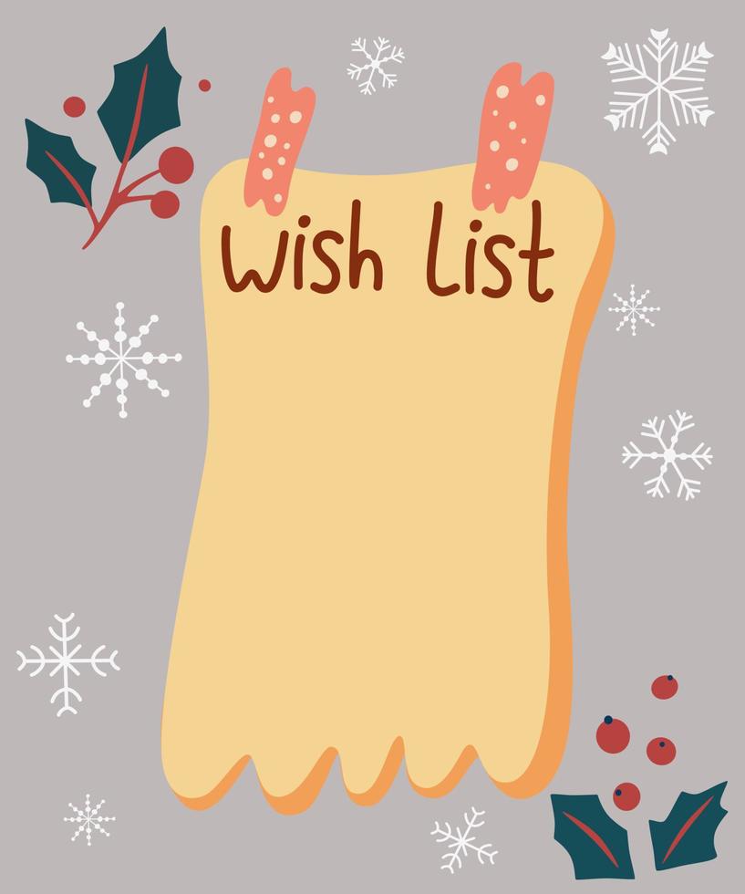 Christmas wish list. Letter to Santa Claus at decorated Christmas background. Page template. Hand drawn graphic for Christmas. Vector Illustration.
