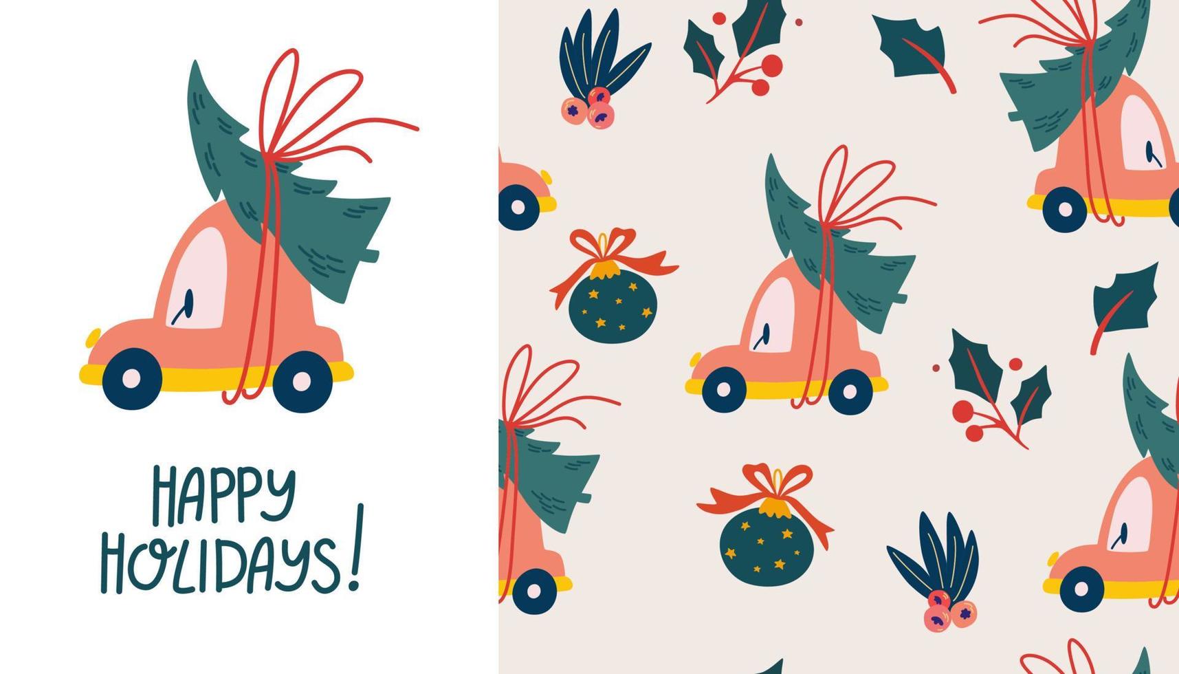 Christmas Car with Christmas tree seamless pattern. Happy winter holidays background. Holiday elements. New Year seamless, repeated pattern. Scrapbooking, paper, fabric. Vector illustration.