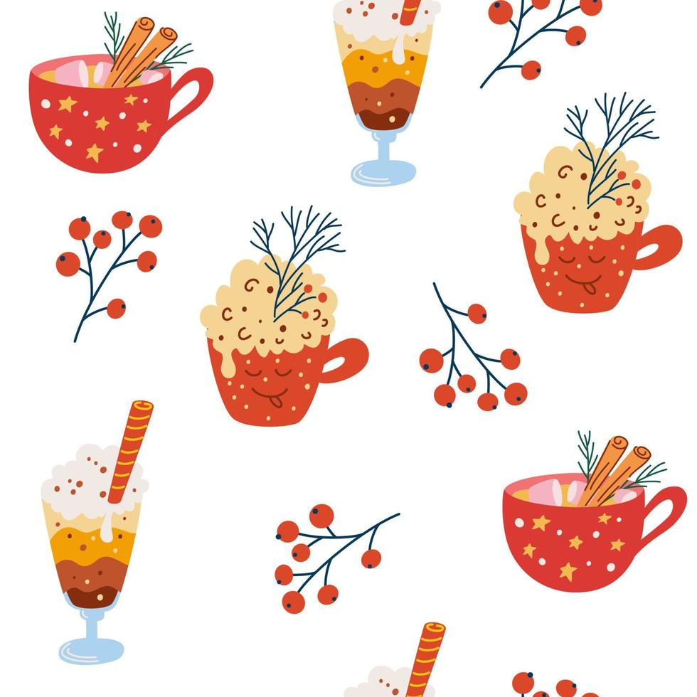 Christmas sweets seamless pattern. Muffin, coffee, cinnamon, whipped cream. Hand draw mugs with winter holiday drinks. Happy New Year design. Vector cartoon background.