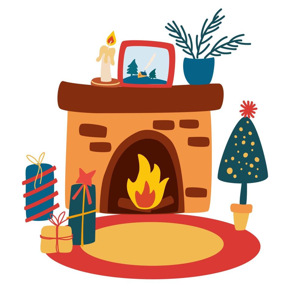 chimenea navideña con regalos y un árbol de navidad. acogedoras vacaciones de invierno. feliz año nuevo tarjeta de felicitación. perfecto para invitaciones, desolladores. ilustración de dibujos animados de vector. vector