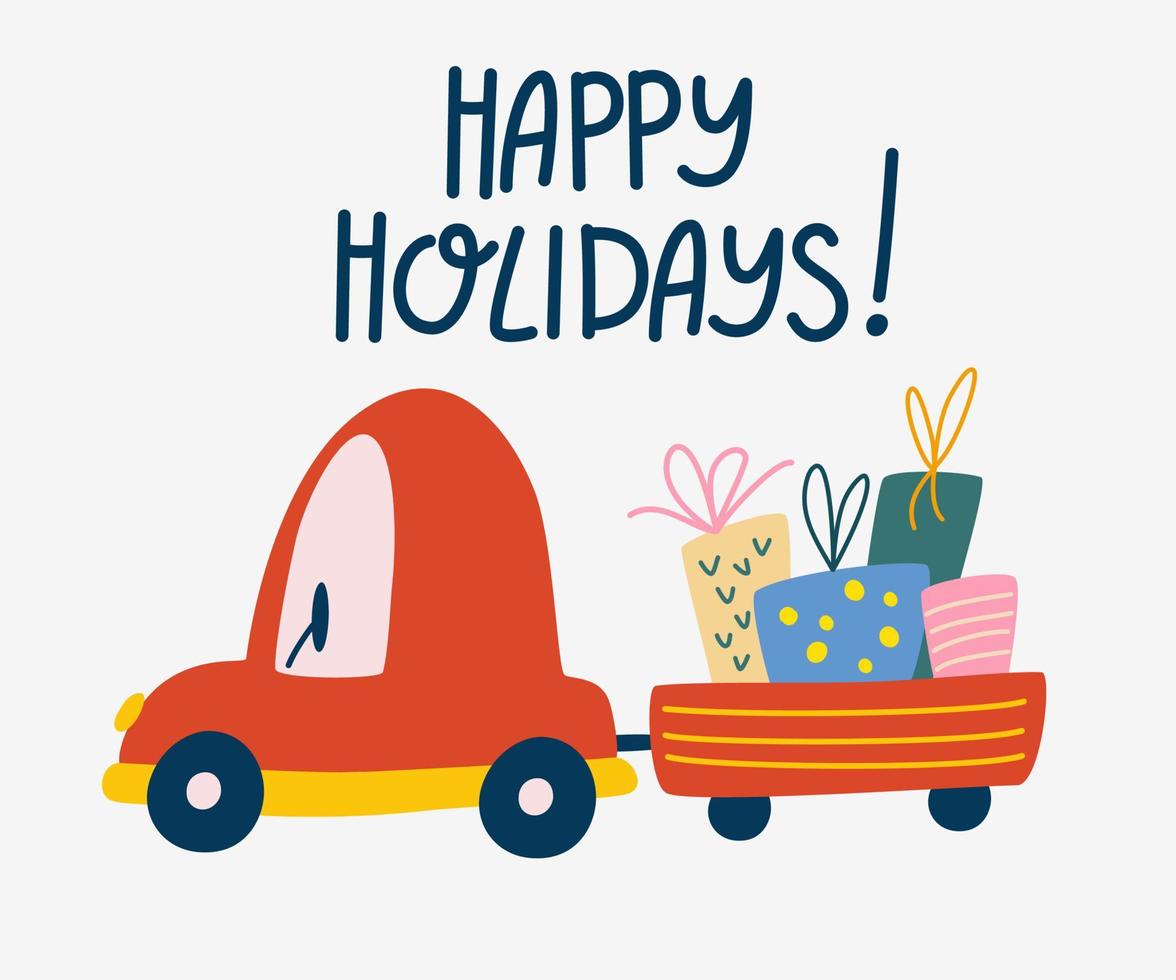 Christmas car with gift cart. Happy holidays greeting card. New Year and winter holiday symbol. Christmas delivery concept. Vector cute cartoon illustration.