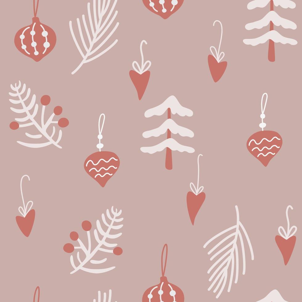 Christmas tree and toys seamless pattern. Happy New Year background with holly leaves, berries and twigs. Winter holidays vector background in Scandinavian Style. For fabric, wrapping paper, postcard.