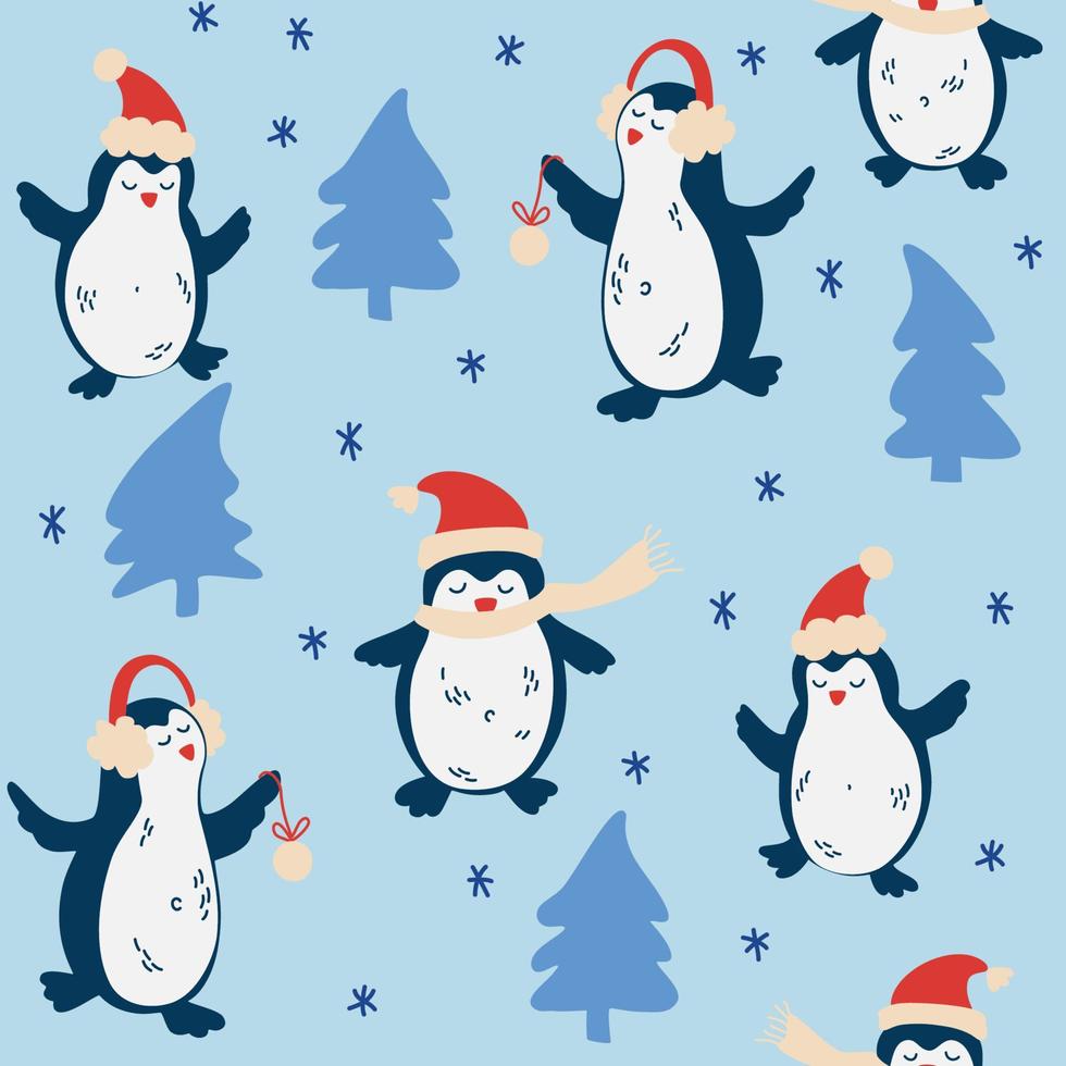 Christmas Penguins seamless pattern. cute funny penguins, different clothing, various poses. New Year's pattern for design on a Christmas theme. Vector winter holidays print for textile, wallpaper.