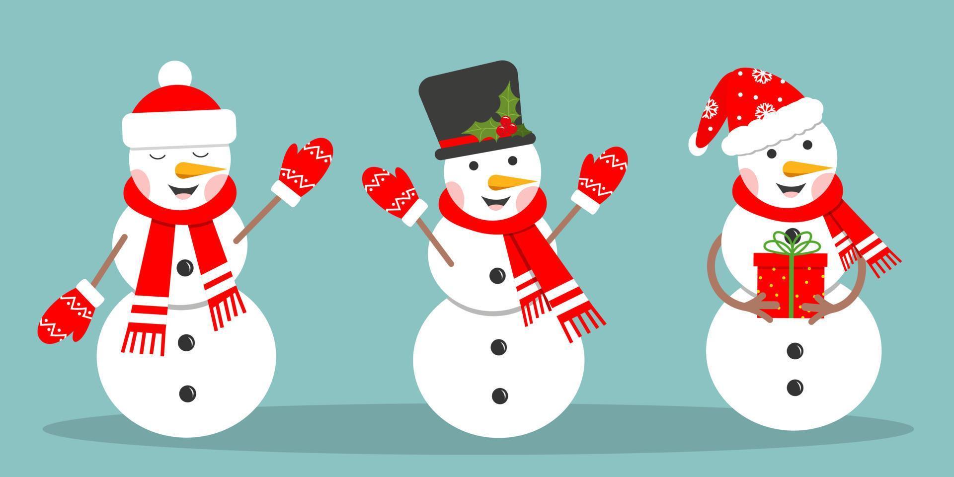 Set of happy snowman in a hat, mittens and scarf. Symbol of the Christmas holidays, flat vector illustration