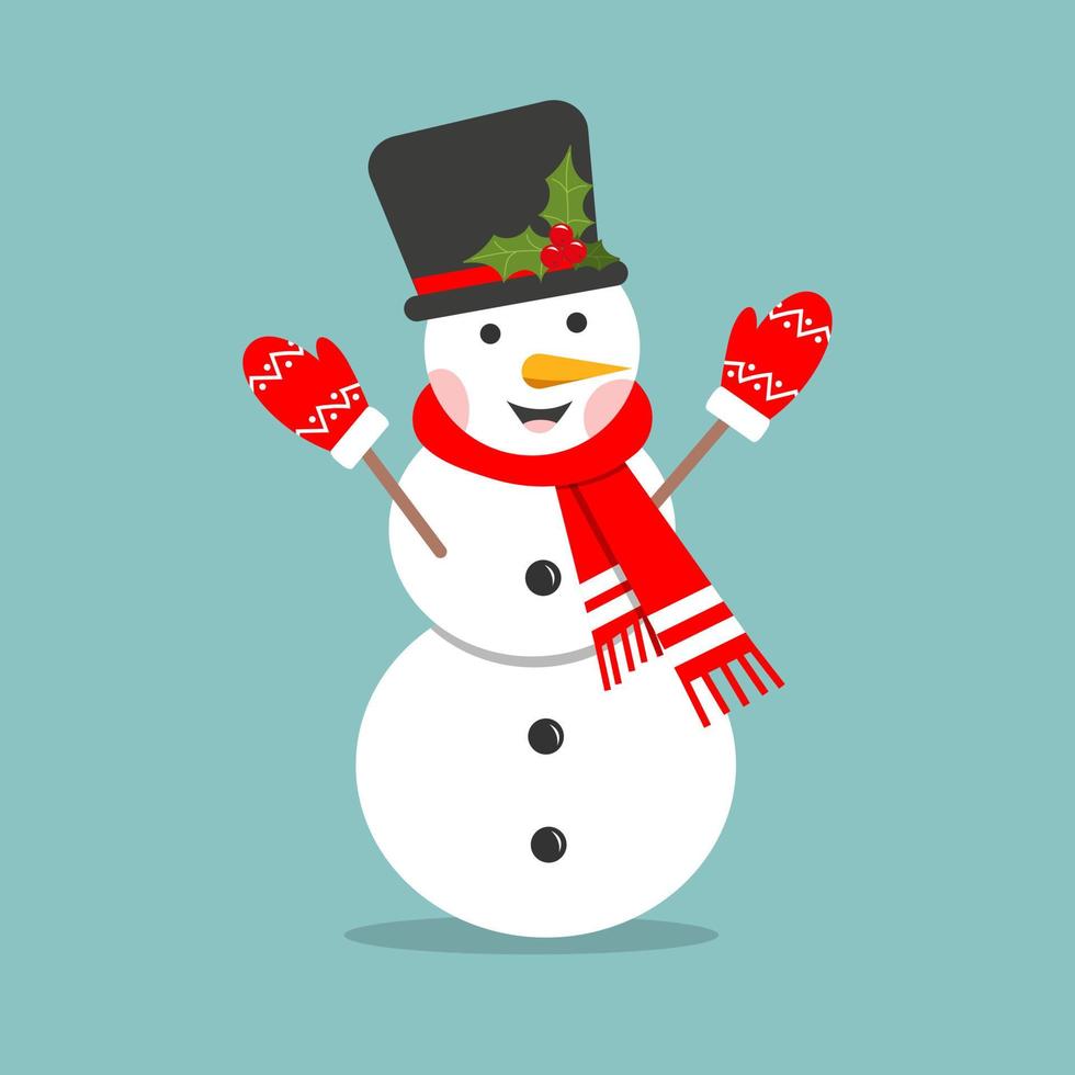 Happy snowman in a hat, mittens and scarf. Symbol of the Christmas holidays, flat vector illustration