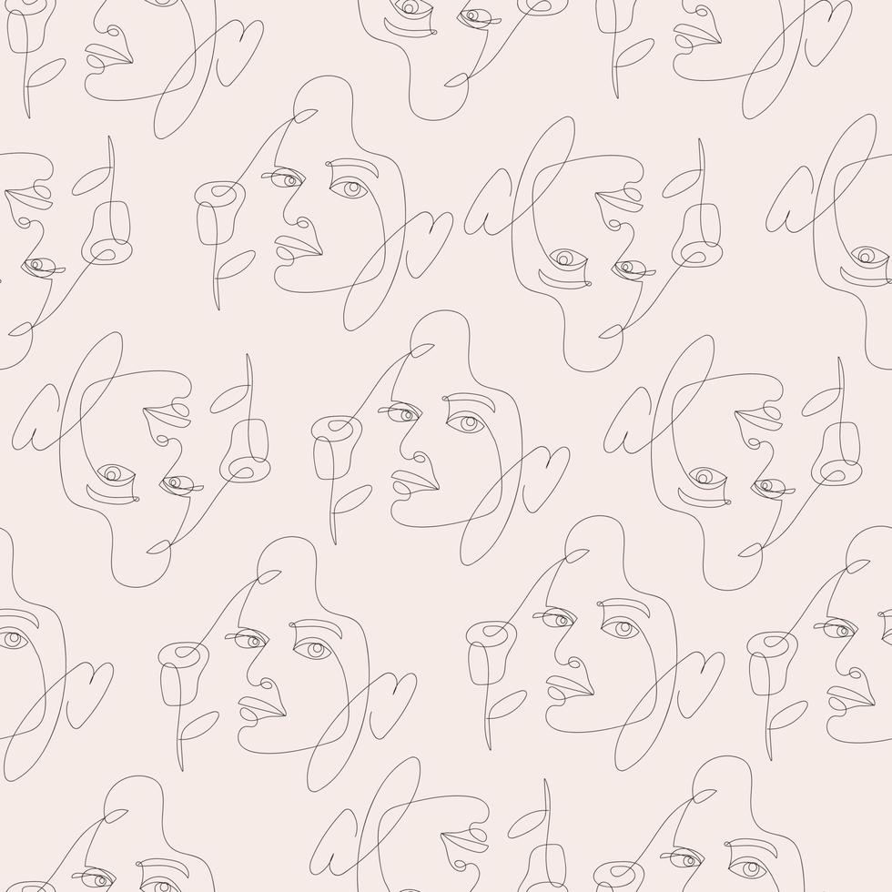 Line art fashion seamless pattern. Drawing faces vector illustration on beige background
