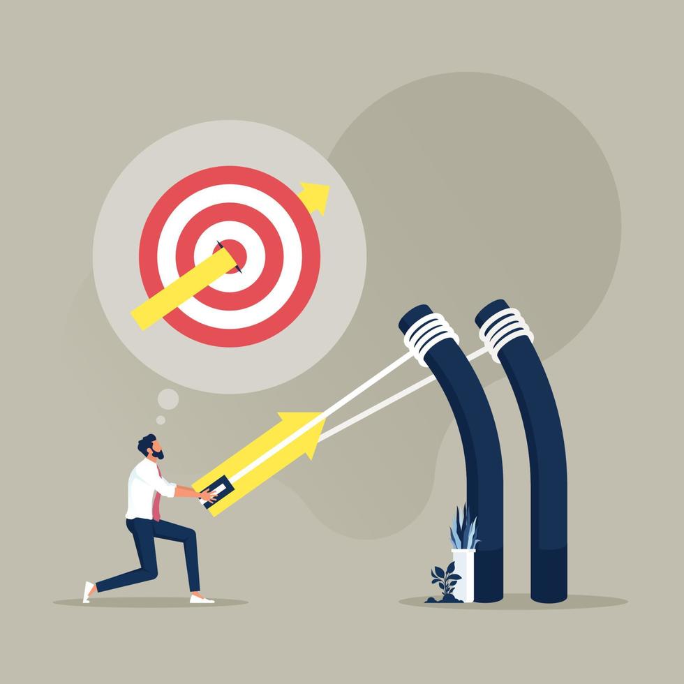 Businessman aiming high target with a big catapult, bullseye target to win in business strategy, Business target achievement and goal concept vector