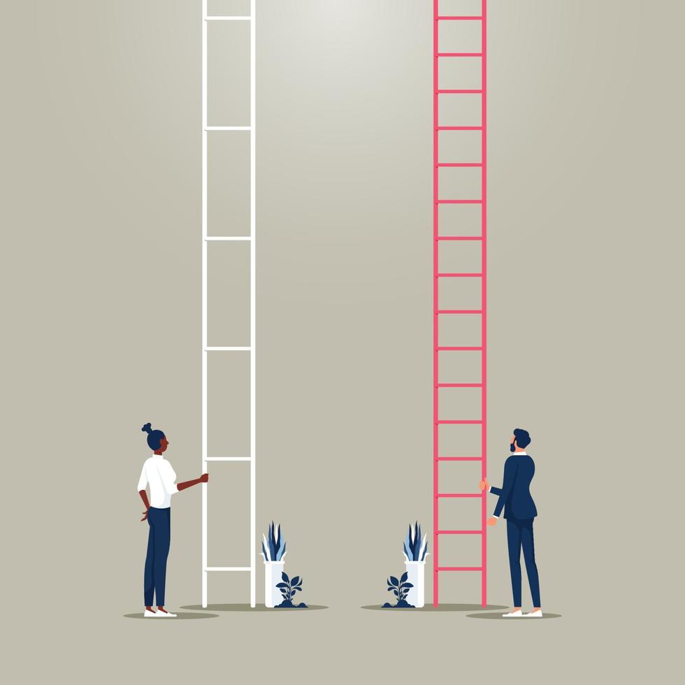 Gender equality. businessman and  businesswoman stand at career ladder, different opportunities in company, Female discrimination, injustice and sexism symbol feminism and women rights vector concept