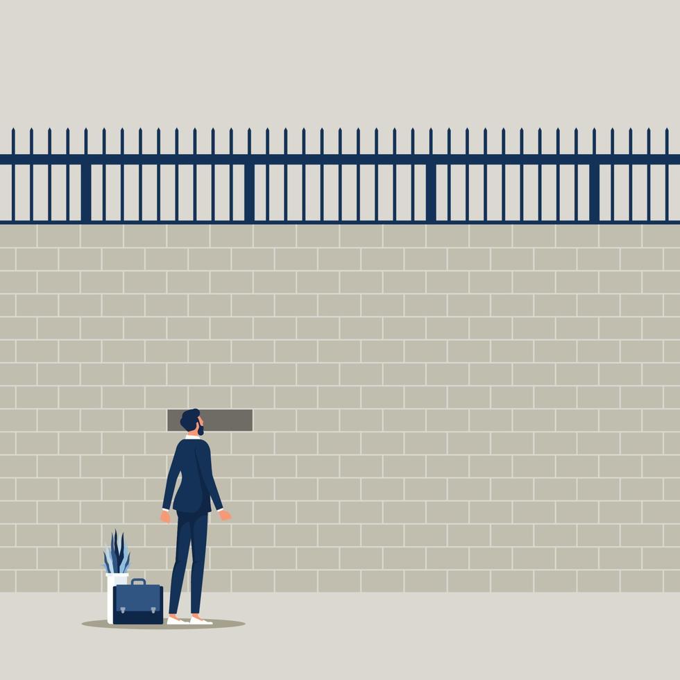 Businessman looking outside through a hole in a huge prison wall, New possibilities and hope vector concept, overcome problems, solution finding