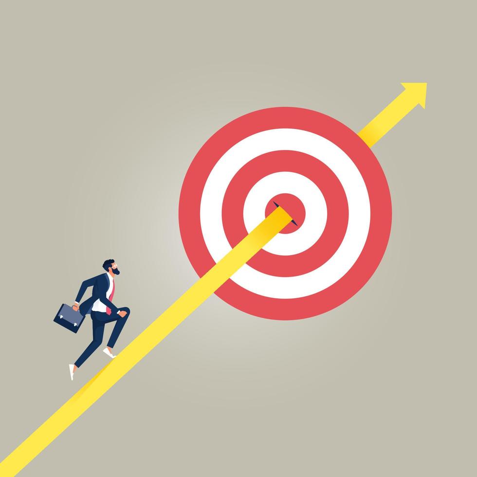businessman running up archer arrow which hitting bullseye target, business goal and target achievement vector concept. Symbol of success, growth, hit bullseye