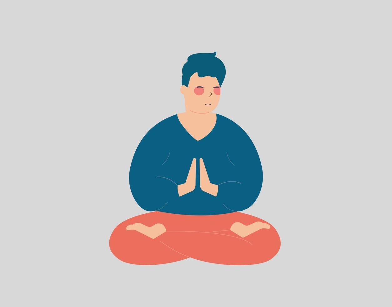 joven en posición de piernas cruzadas. entrenador haciendo concentración y practicando yoga por las mañanas. macho relajándose y respirando en casa. paz interior, ejercicios de fitness, concepto de ambiente positivo. vector. vector