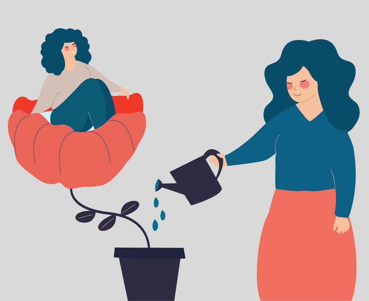 Mother watering and growth flower in which her daughter sits. Woman cares about the her girl. Tutor cares about the children. Concern for each others. Mental health, education, parenting concept. vector