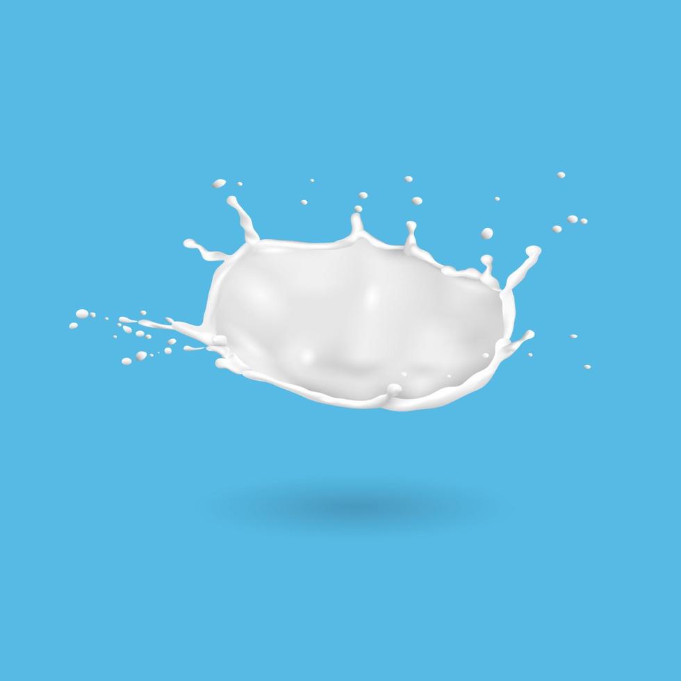 Salpicaduras de leche fresca aislado sobre fondo azul. vector
