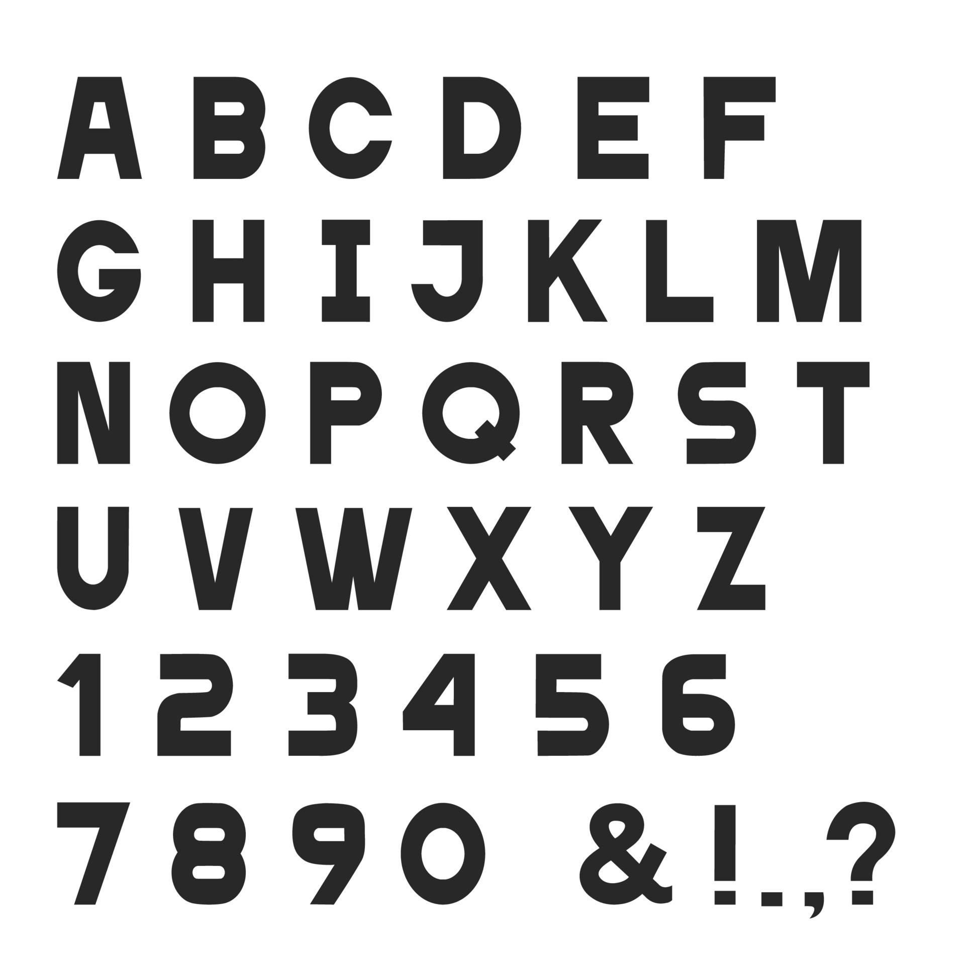 Black simple font, alphabet letters,numbers and punctuation marks
