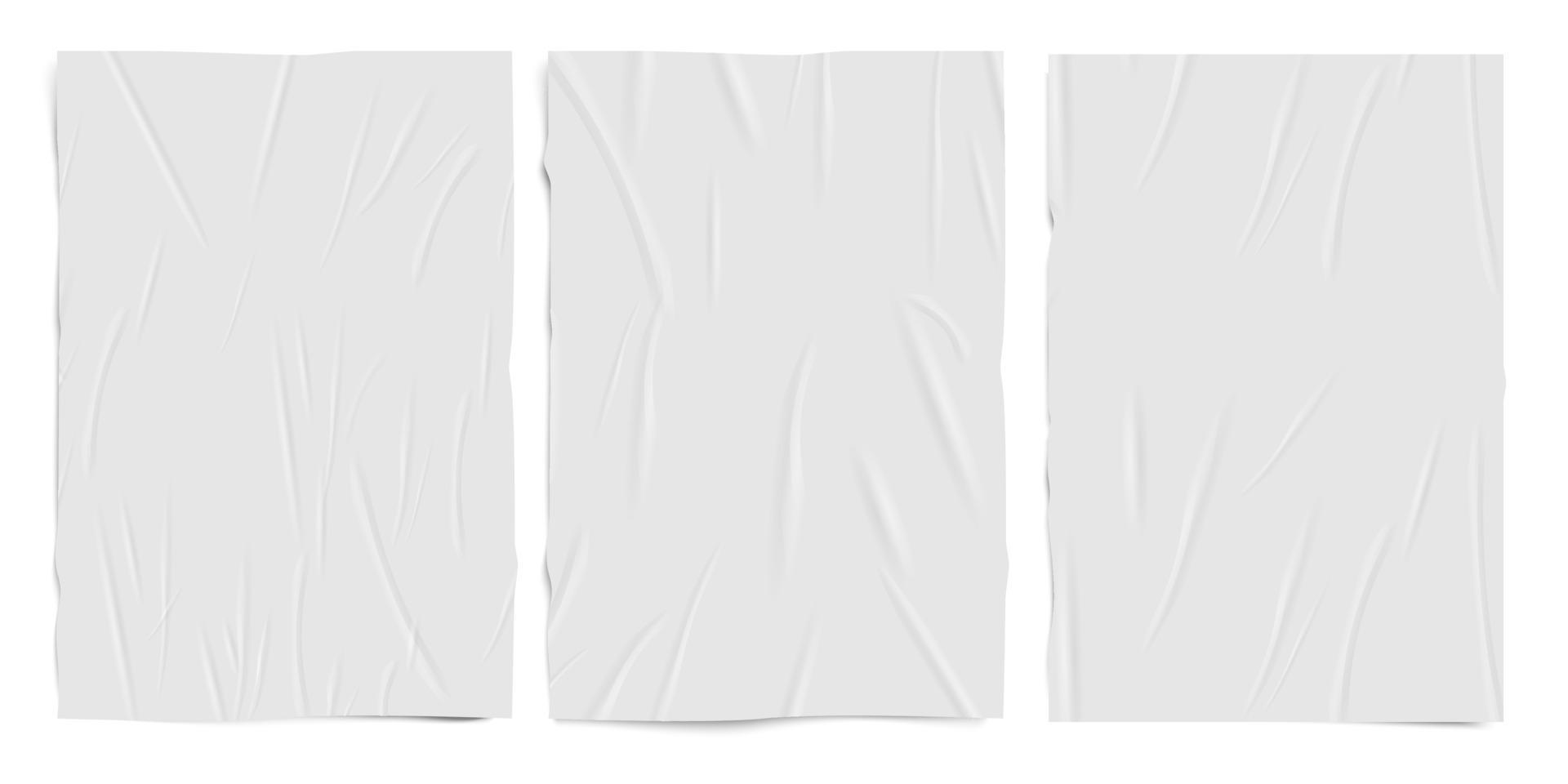 White empty badly glued paper texture, wet wrinkled effect paper sheets, vector realistic set