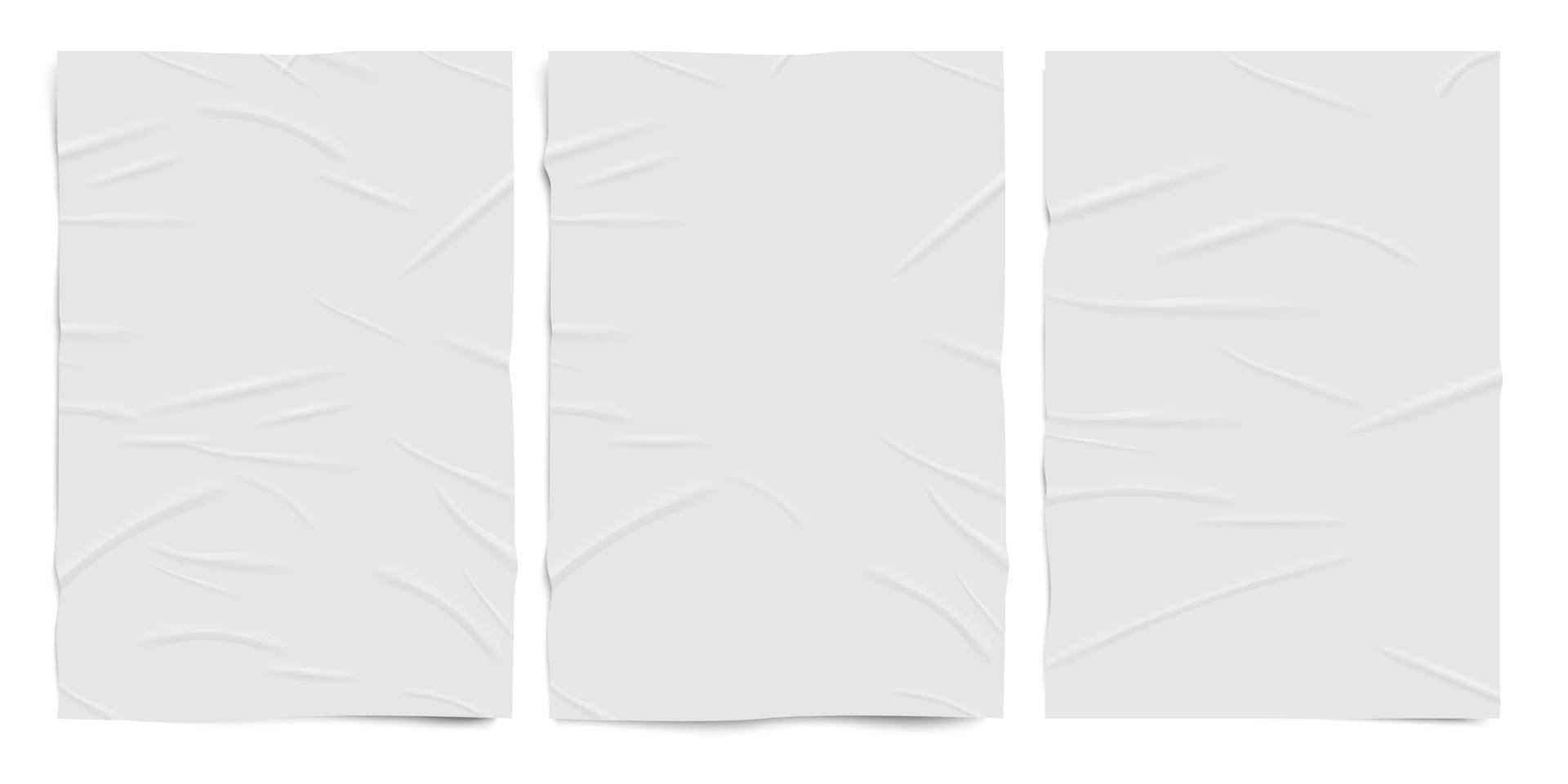 Textura de papel blanco mal pegado, hojas de papel con efecto arrugado húmedo, conjunto realista de vectores