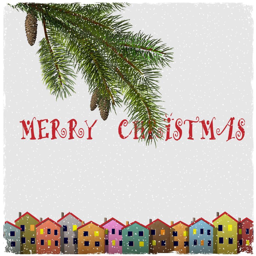 Christmas card with colorful houses and branch of fir vector