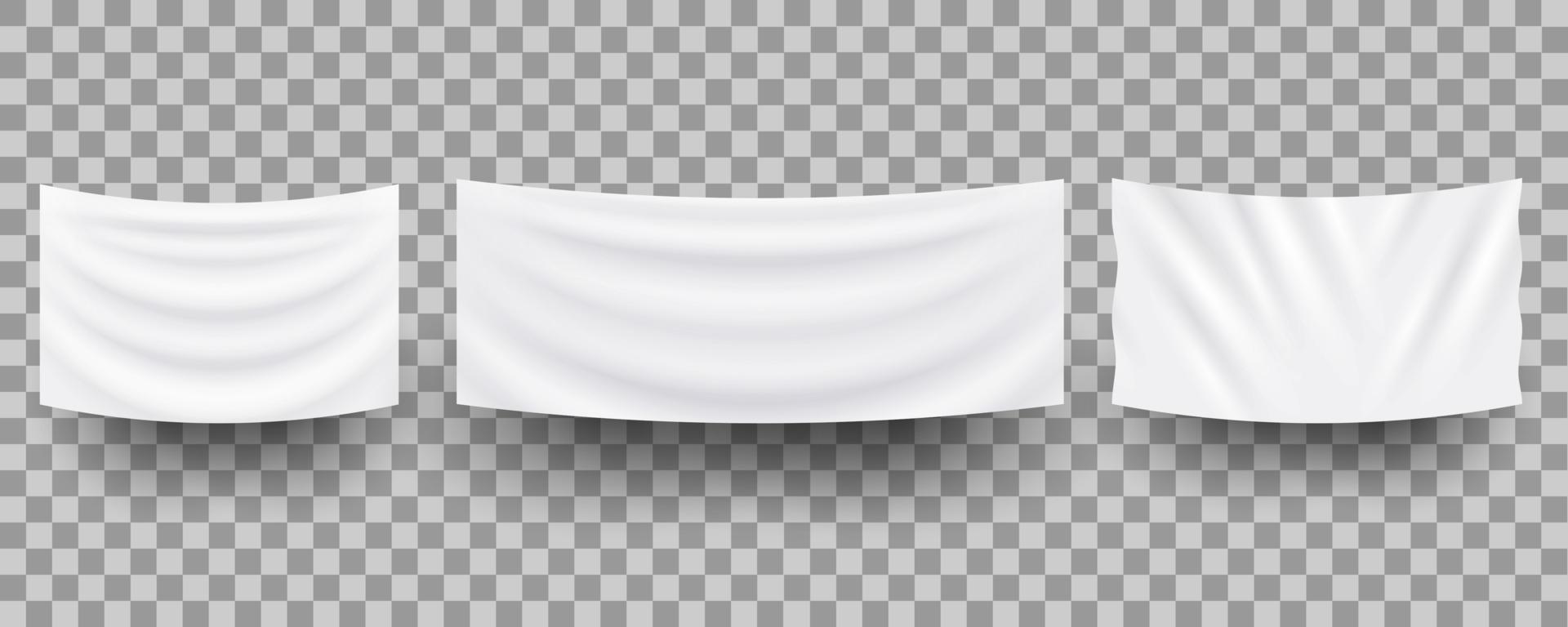 Banners textiles vacíos colgantes blancos, maqueta realista 3d vector