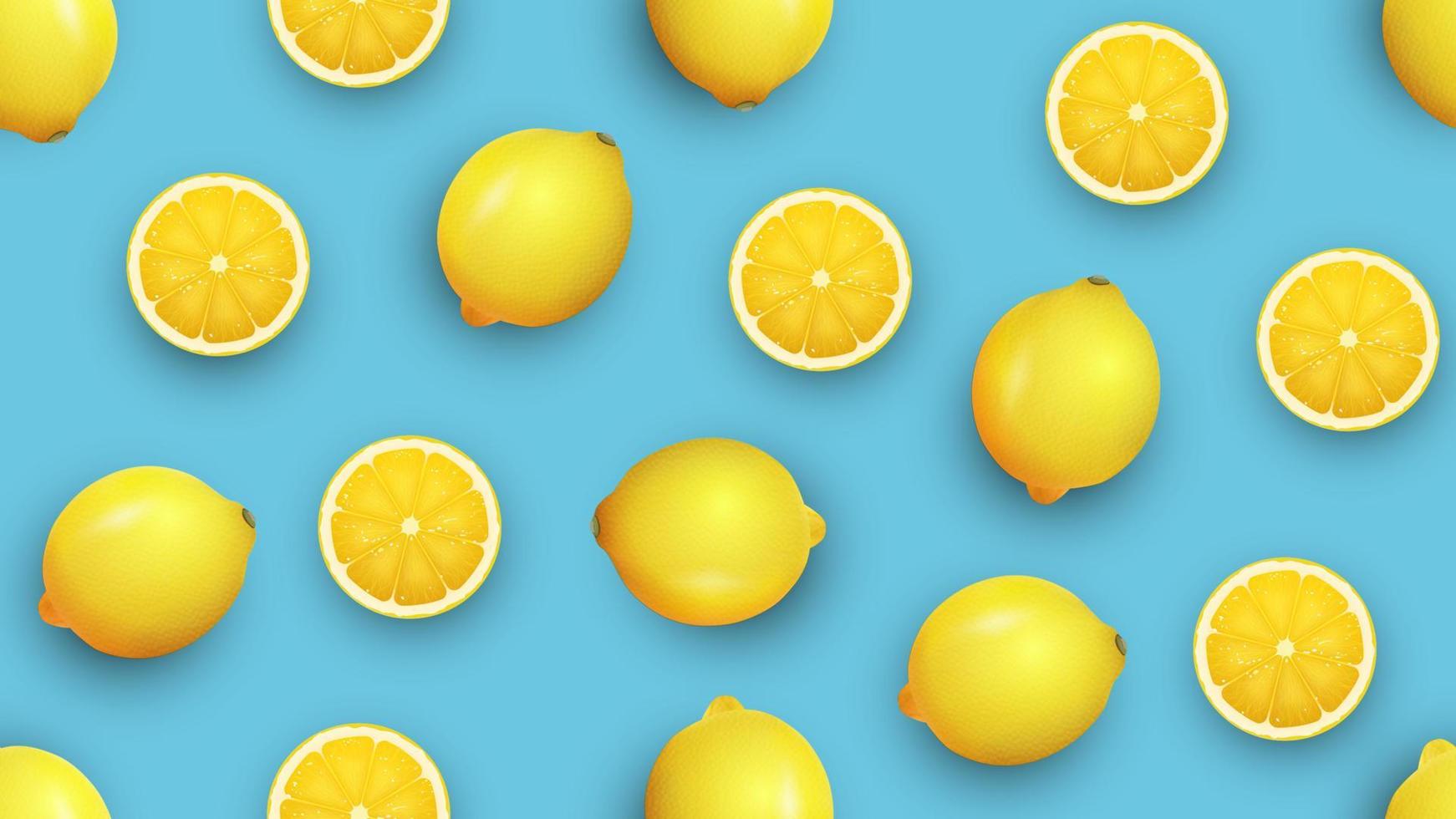 Fresh lemon and slices on a vivid blue background, summer seamless pattern vector