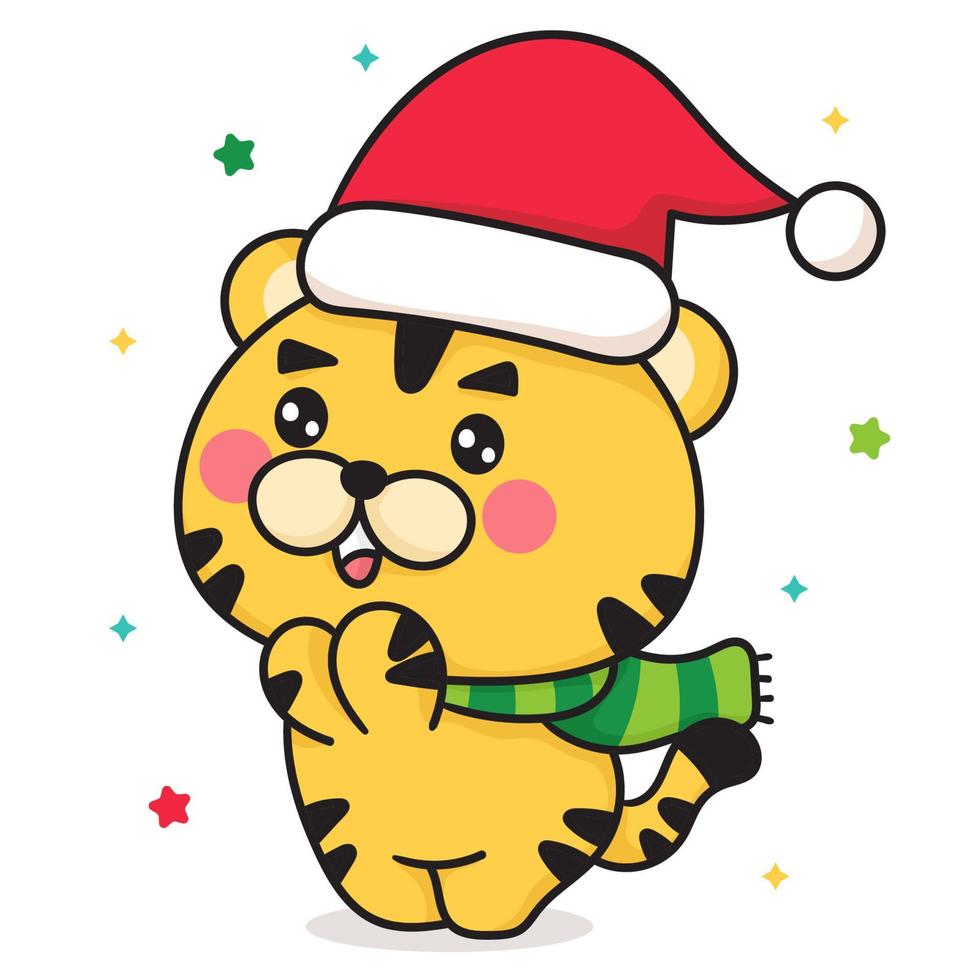 Tiger cartoon vector wear cute Santa hat. Happy Chinese new year greeting card  2022