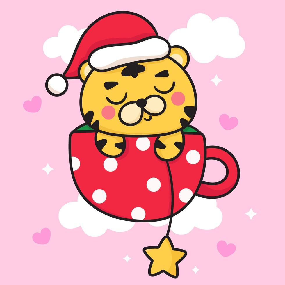 Tiger cartoon vector wear cute Santa hat sleep in Christmas cup