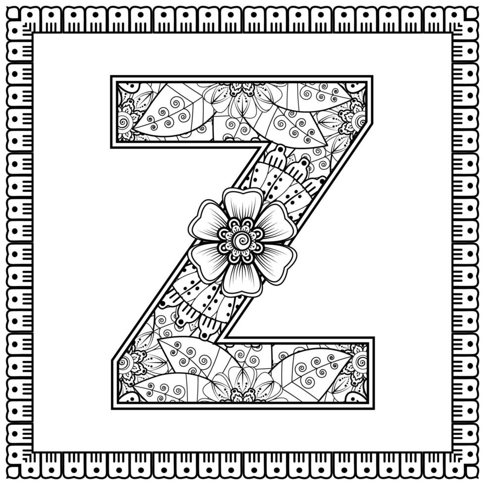 Letter z made of flowers in mehndi style. coloring book page. outline hand-draw vector illustration.