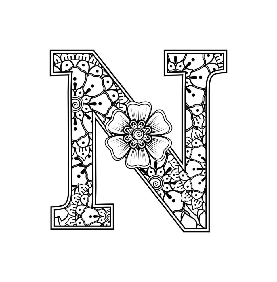 Letter n made of flowers in mehndi style. coloring book page. outline hand-draw vector illustration.